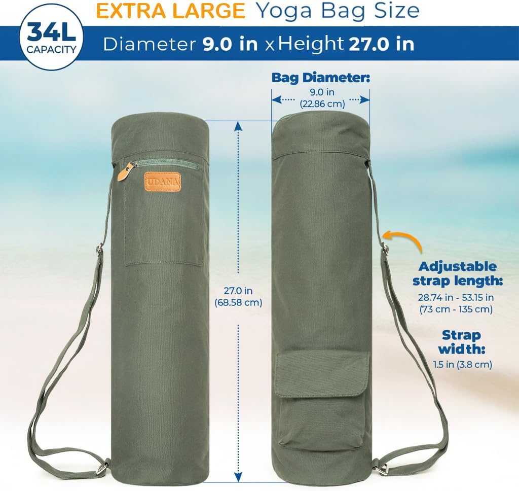 UDANA Canvas Yoga Mat Bag for Women & Men, Full-Zip Carrier with 3 Pockets & Adjustable Strap, Stylish Gym & Pilates Bag – Available in Multiple Sizes