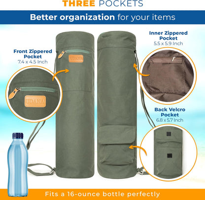 UDANA Canvas Yoga Mat Bag for Women & Men, Full-Zip Carrier with 3 Pockets & Adjustable Strap, Stylish Gym & Pilates Bag – Available in Multiple Sizes