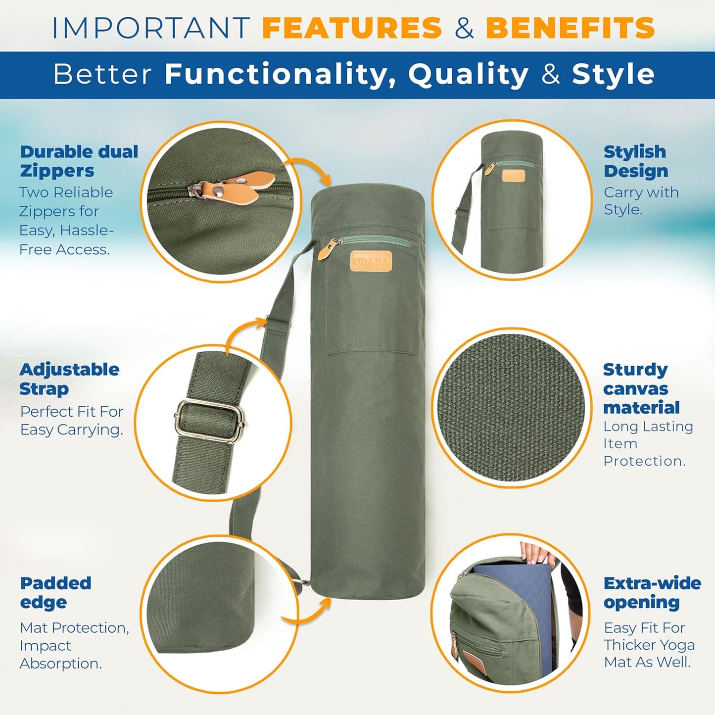 UDANA Canvas Yoga Mat Bag for Women & Men, Full-Zip Carrier with 3 Pockets & Adjustable Strap, Stylish Gym & Pilates Bag – Available in Multiple Sizes