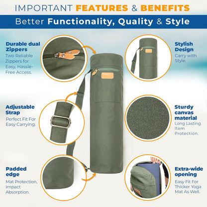 UDANA Canvas Yoga Mat Bag for Women & Men, Full-Zip Carrier with 3 Pockets & Adjustable Strap, Stylish Gym & Pilates Bag – Available in Multiple Sizes