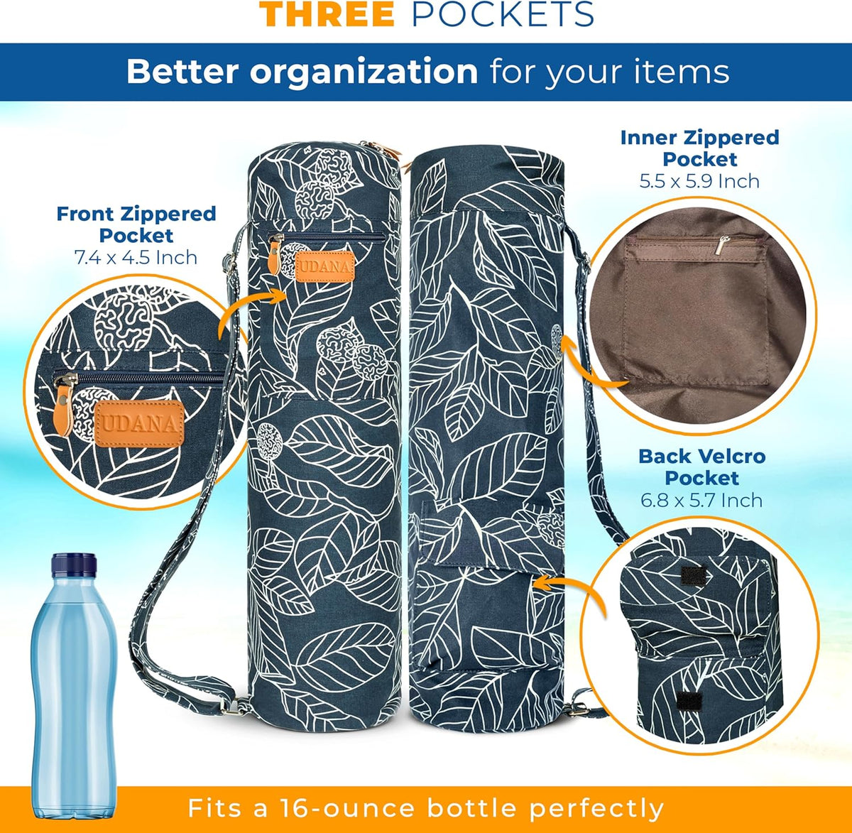 UDANA Canvas Yoga Mat Bag for Women & Men, Full-Zip Carrier with 3 Pockets & Adjustable Strap, Stylish Gym & Pilates Bag – Available in Multiple Sizes