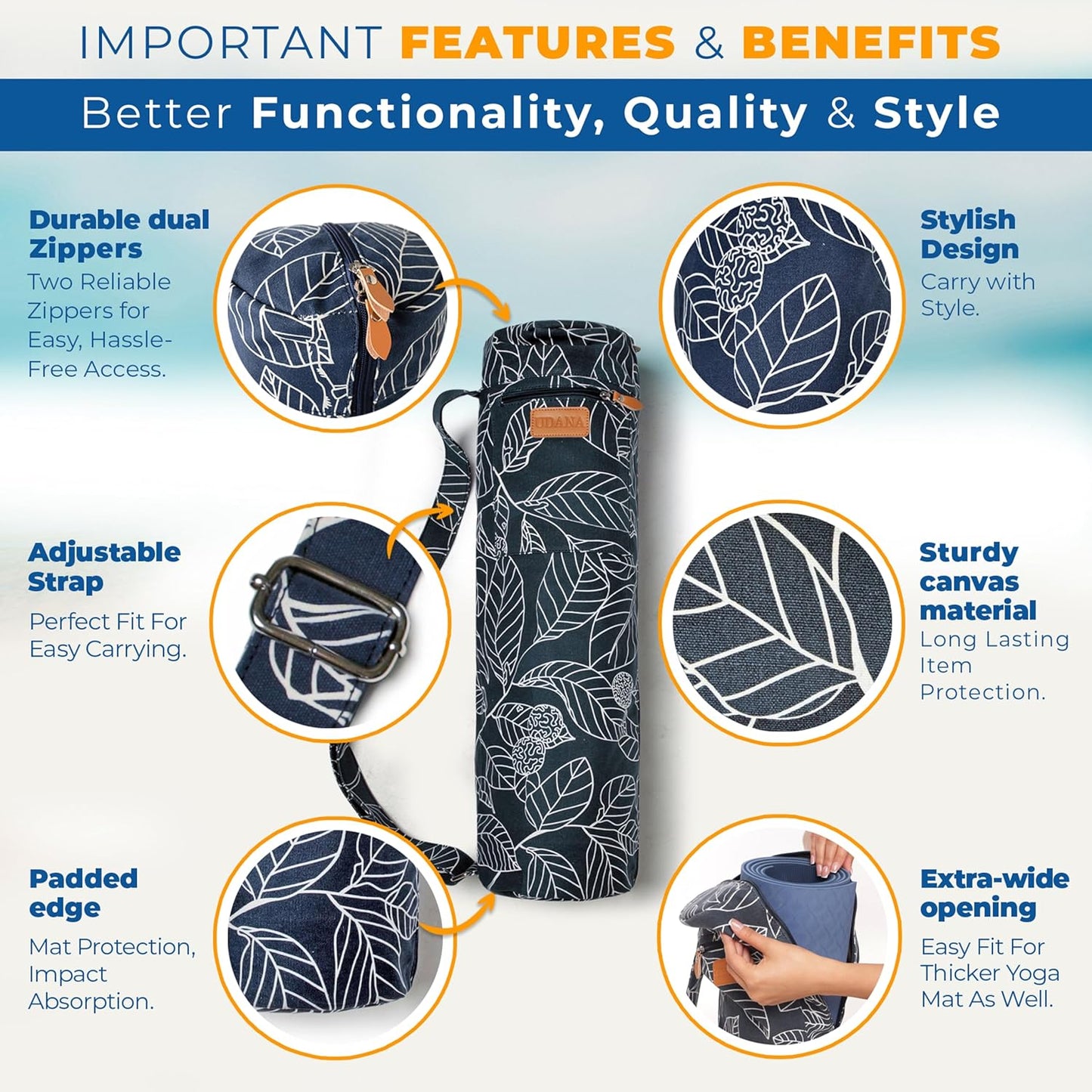 UDANA Canvas Yoga Mat Bag for Women & Men, Full-Zip Carrier with 3 Pockets & Adjustable Strap, Stylish Gym & Pilates Bag – Available in Multiple Sizes