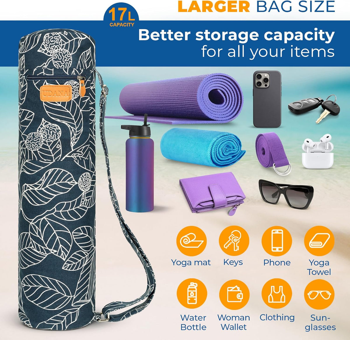 UDANA Canvas Yoga Mat Bag for Women & Men, Full-Zip Carrier with 3 Pockets & Adjustable Strap, Stylish Gym & Pilates Bag – Available in Multiple Sizes