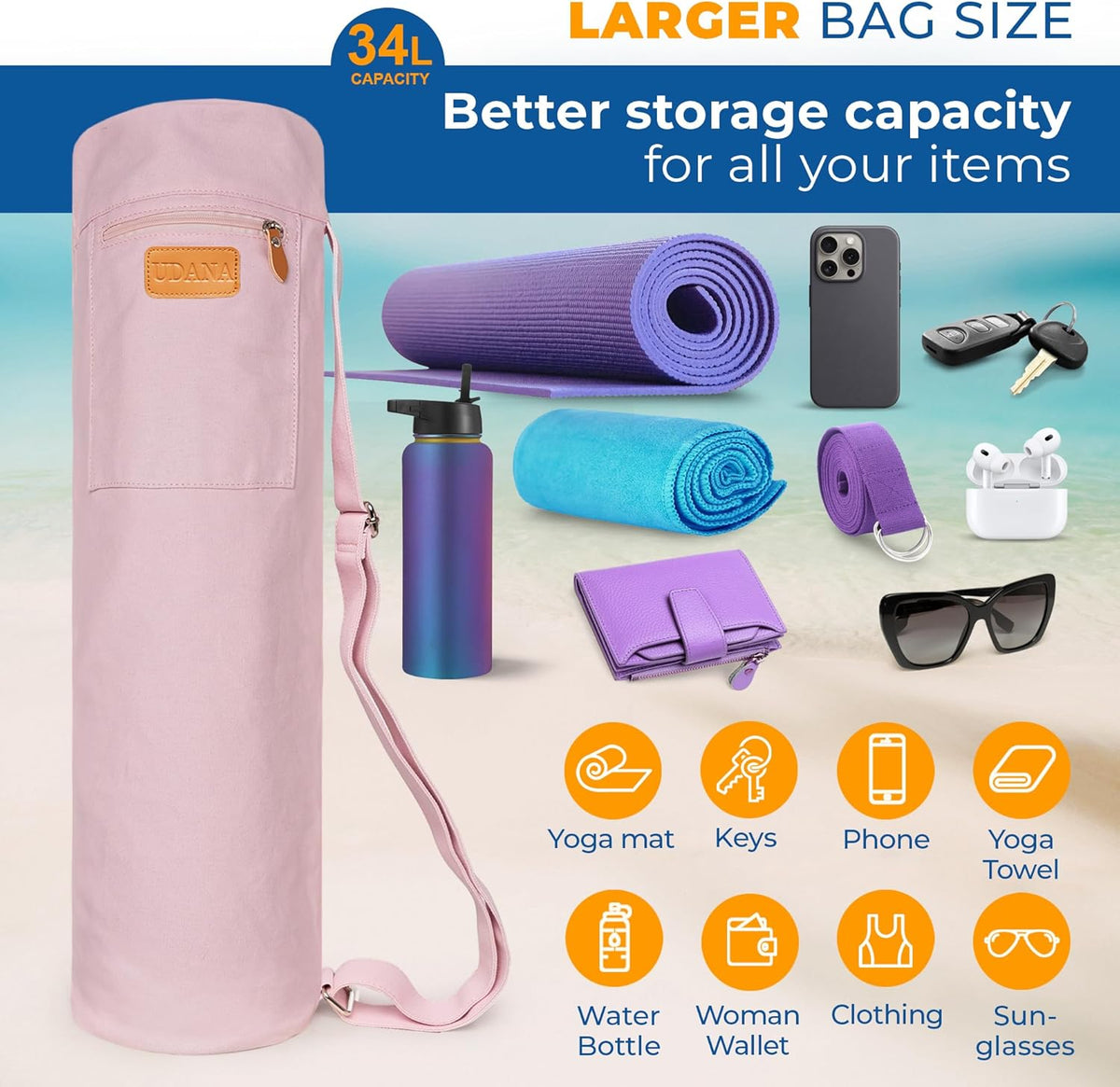 UDANA Canvas Yoga Mat Bag for Women & Men, Full-Zip Carrier with 3 Pockets & Adjustable Strap, Stylish Gym & Pilates Bag – Available in Multiple Sizes