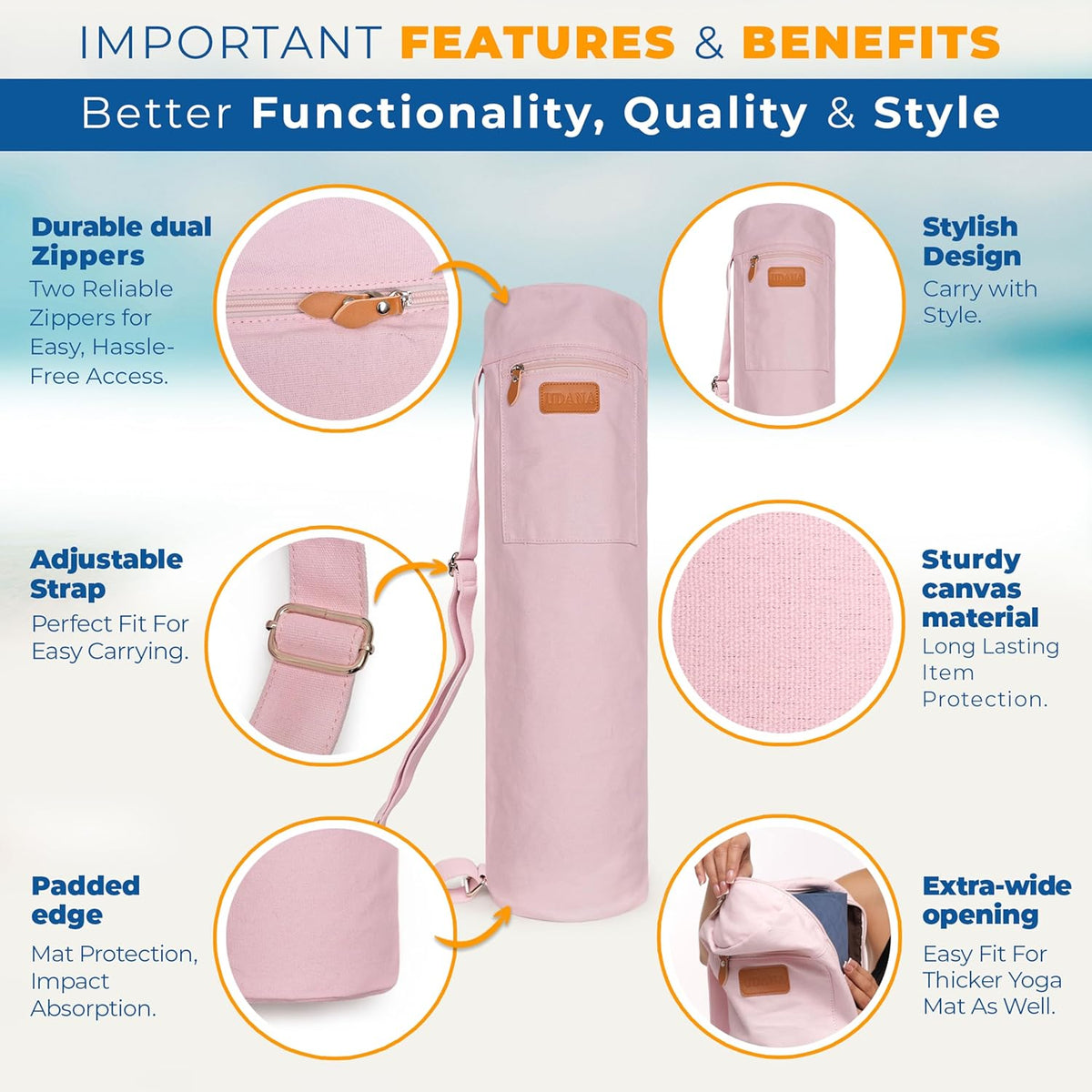UDANA Canvas Yoga Mat Bag for Women & Men, Full-Zip Carrier with 3 Pockets & Adjustable Strap, Stylish Gym & Pilates Bag – Available in Multiple Sizes