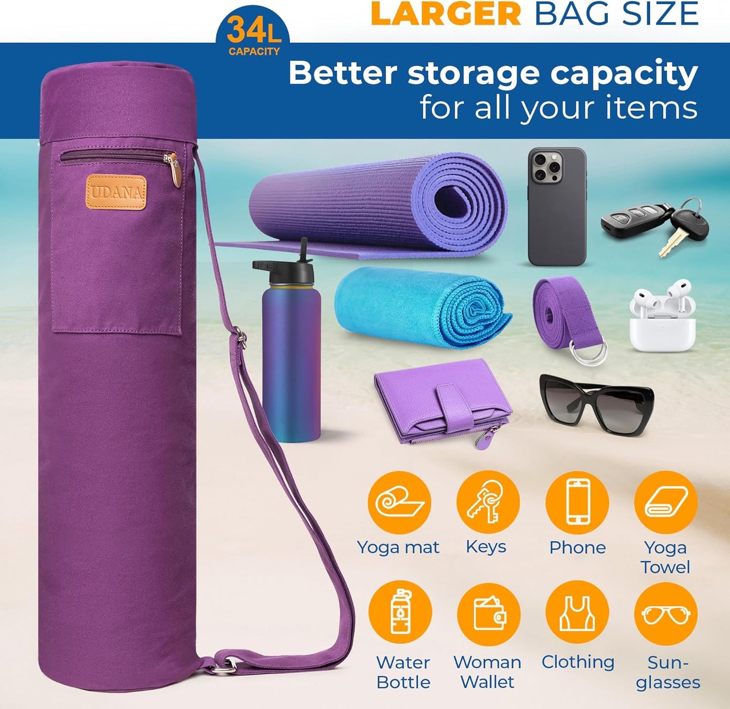 UDANA Canvas Yoga Mat Bag for Women & Men, Full-Zip Carrier with 3 Pockets & Adjustable Strap, Stylish Gym & Pilates Bag – Available in Multiple Sizes