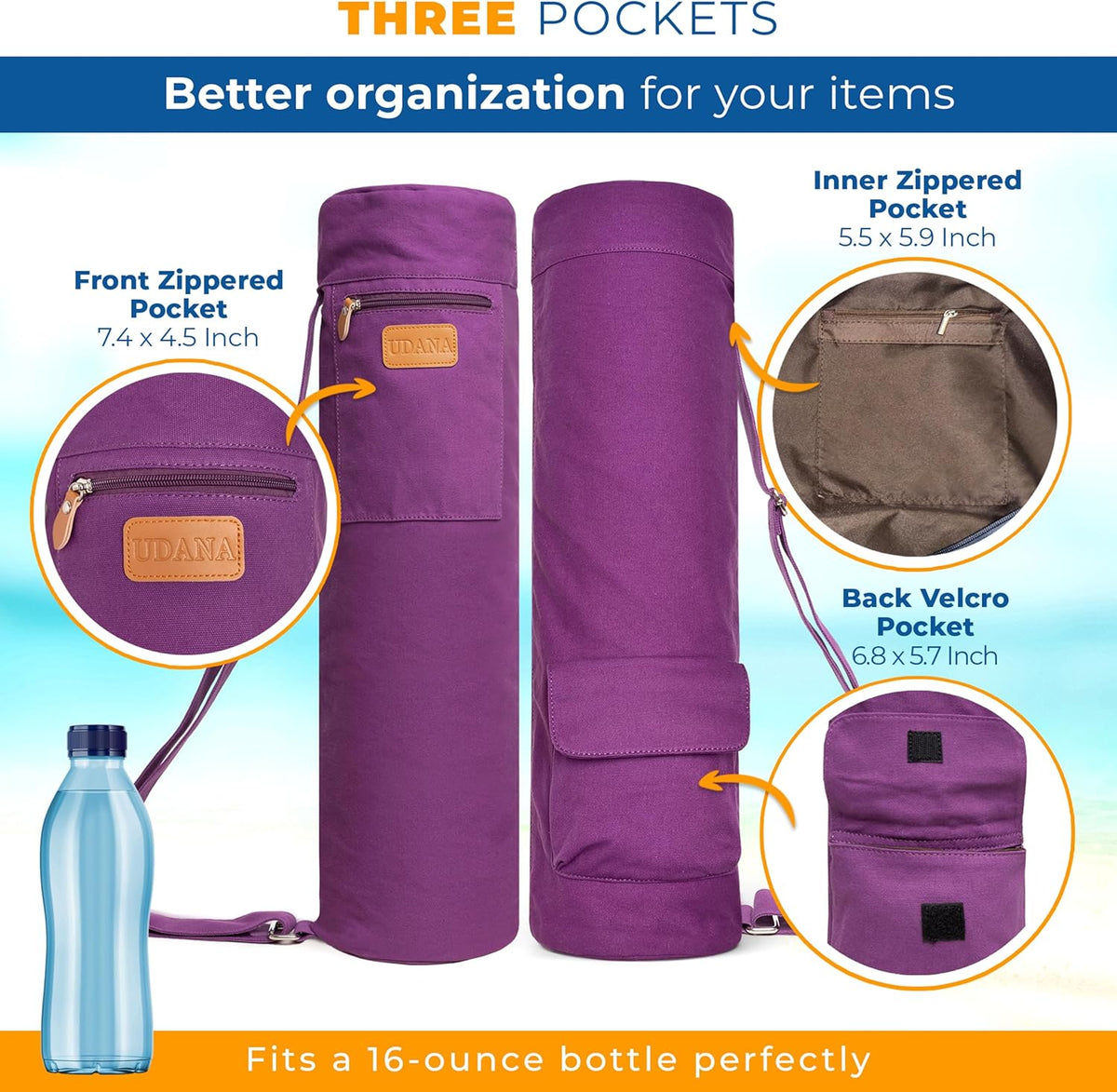 UDANA Canvas Yoga Mat Bag for Women & Men, Full-Zip Carrier with 3 Pockets & Adjustable Strap, Stylish Gym & Pilates Bag – Available in Multiple Sizes