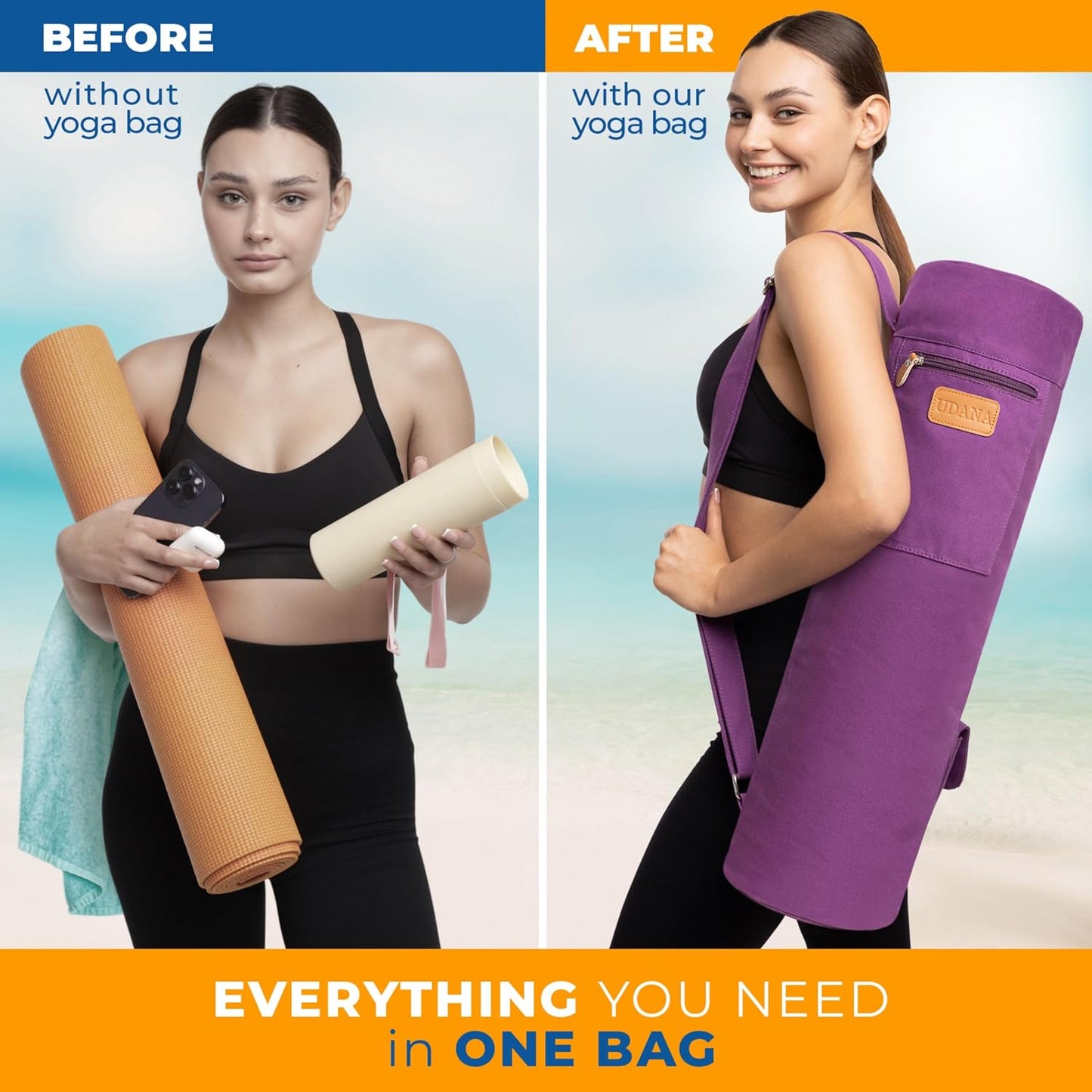 UDANA Canvas Yoga Mat Bag for Women & Men, Full-Zip Carrier with 3 Pockets & Adjustable Strap, Stylish Gym & Pilates Bag – Available in Multiple Sizes