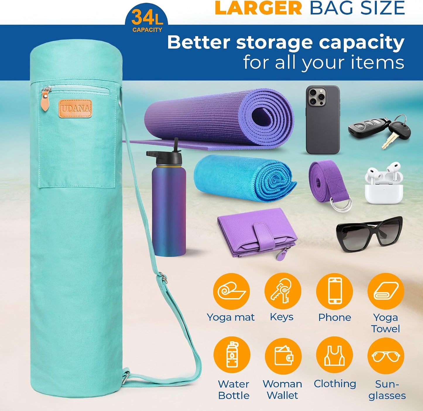UDANA Canvas Yoga Mat Bag for Women & Men, Full-Zip Carrier with 3 Pockets & Adjustable Strap, Stylish Gym & Pilates Bag – Available in Multiple Sizes