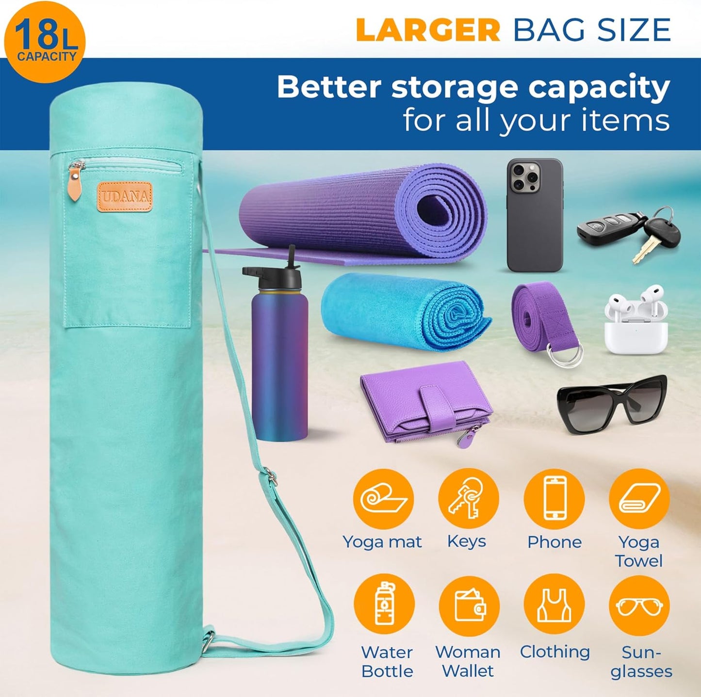 UDANA Canvas Yoga Mat Bag for Women & Men, Full-Zip Carrier with 3 Pockets & Adjustable Strap, Stylish Gym & Pilates Bag – Available in Multiple Sizes