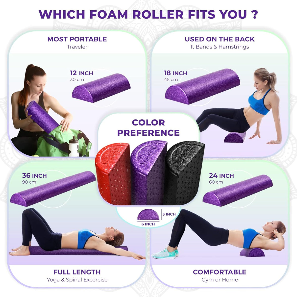 High-Density EPP Half Round Back Roller Foam, Exercise Foam Roller for Yoga, Pilates & Stretching - 12, 18, 24, 36 inch