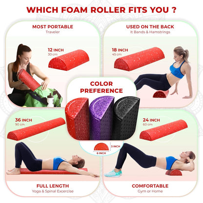 High-Density EPP Half Round Back Roller Foam, Exercise Foam Roller for Yoga, Pilates & Stretching - 12, 18, 24, 36 inch