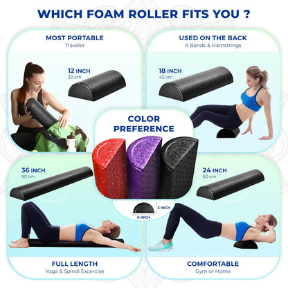 High-Density EPP Half Round Back Roller Foam, Exercise Foam Roller for Yoga, Pilates & Stretching - 12, 18, 24, 36 inch