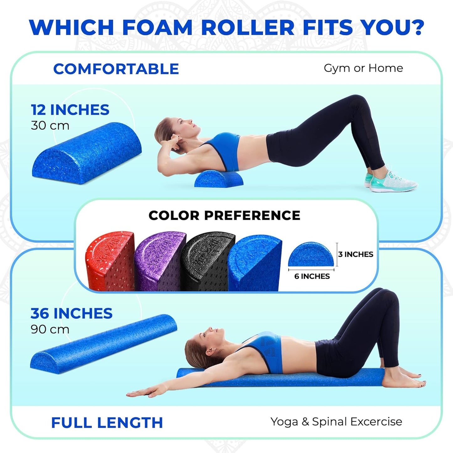 High-Density EPP Half Round Back Roller Foam, Exercise Foam Roller for Yoga, Pilates & Stretching - 12, 18, 24, 36 inch