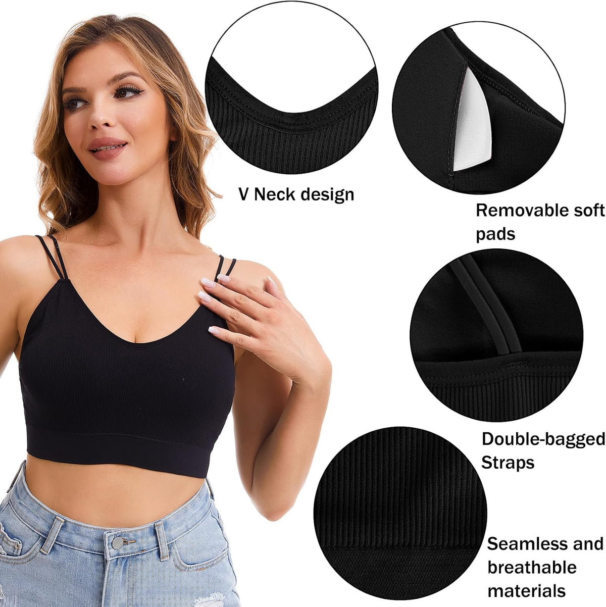 6 Pcs V Neck Bralettes for Women Padded Bralette with Straps Seamless Bra