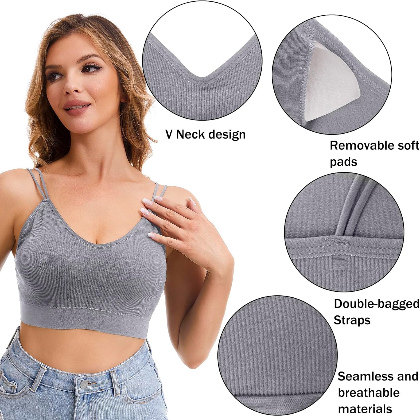 6 Pcs V Neck Bralettes for Women Padded Bralette with Straps Seamless Bra