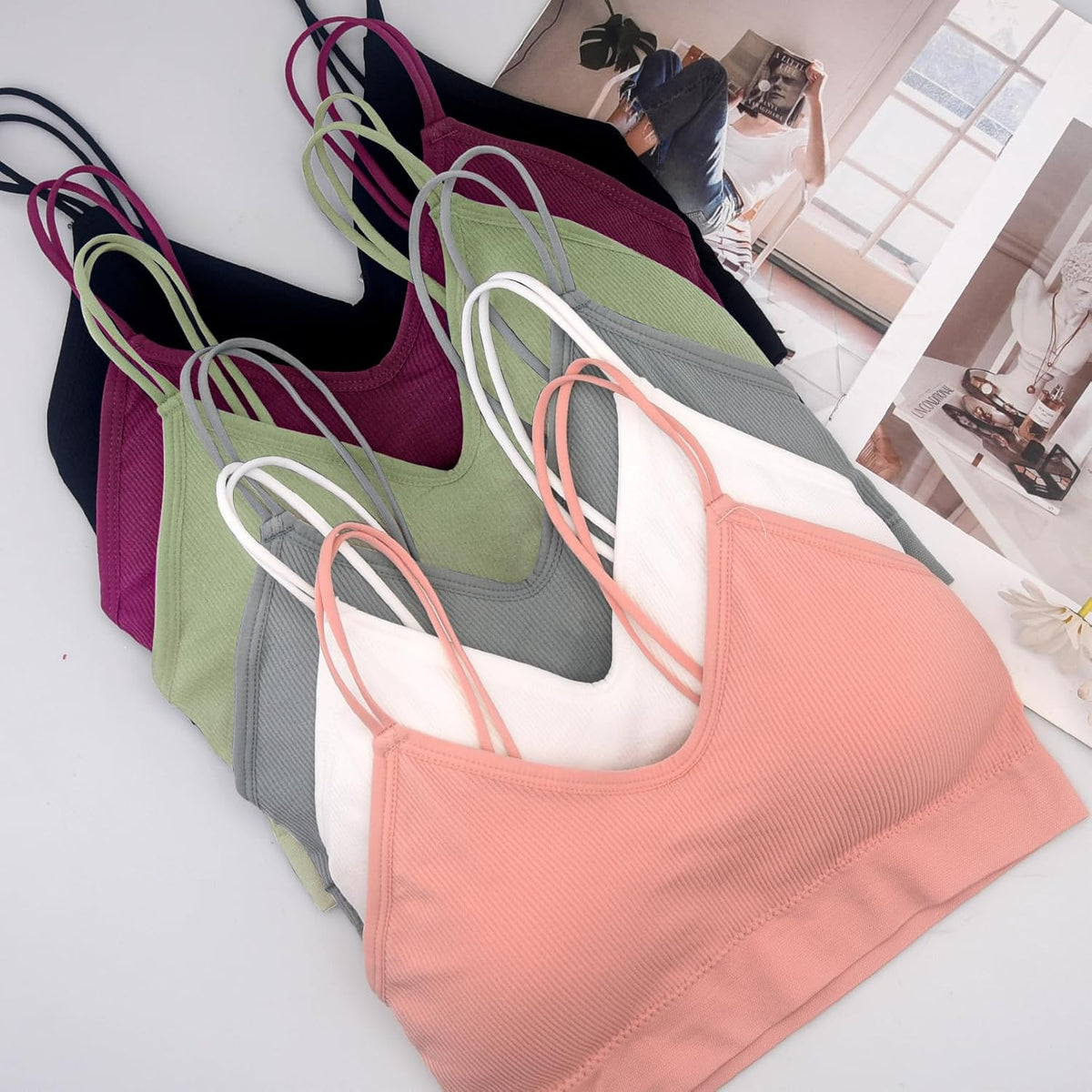6 Pcs V Neck Bralettes for Women Padded Bralette with Straps Seamless Bra