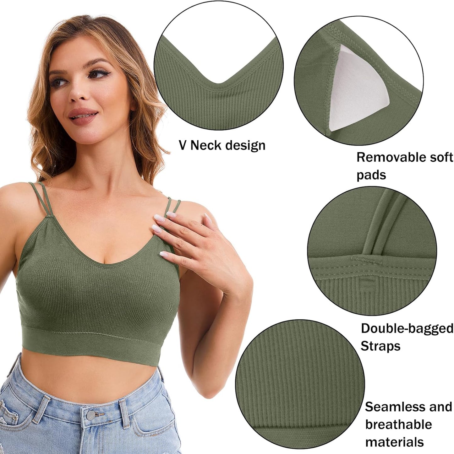 6 Pcs V Neck Bralettes for Women Padded Bralette with Straps Seamless Bra