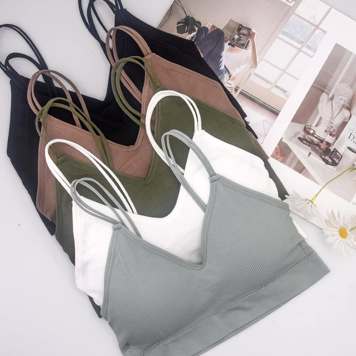 6 Pcs V Neck Bralettes for Women Padded Bralette with Straps Seamless Bra