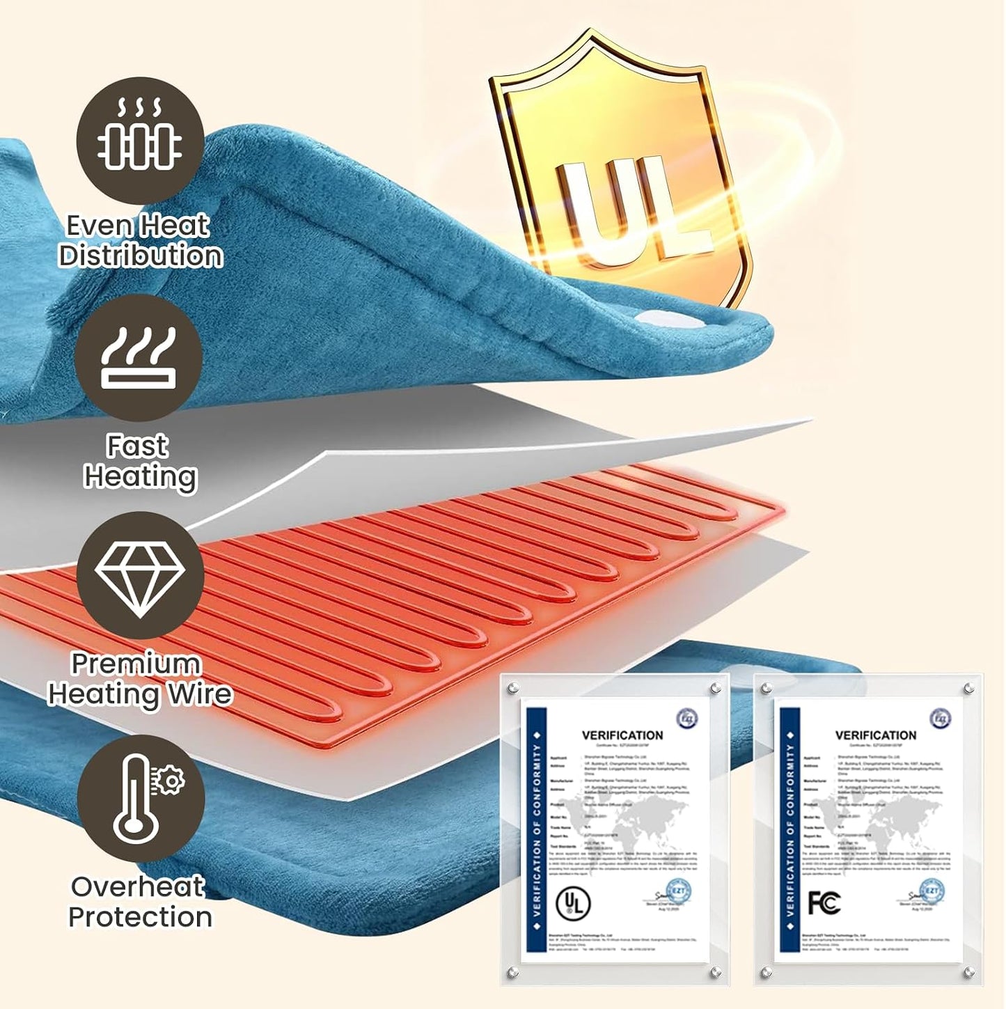 Heating Pad for Neck and Shoulders and Back, Electric Heating Pad for Back Pain Relife, 6 Heating Settings, UL Certified with Overheating Protection and Machine Washable, 26"x35", Blue