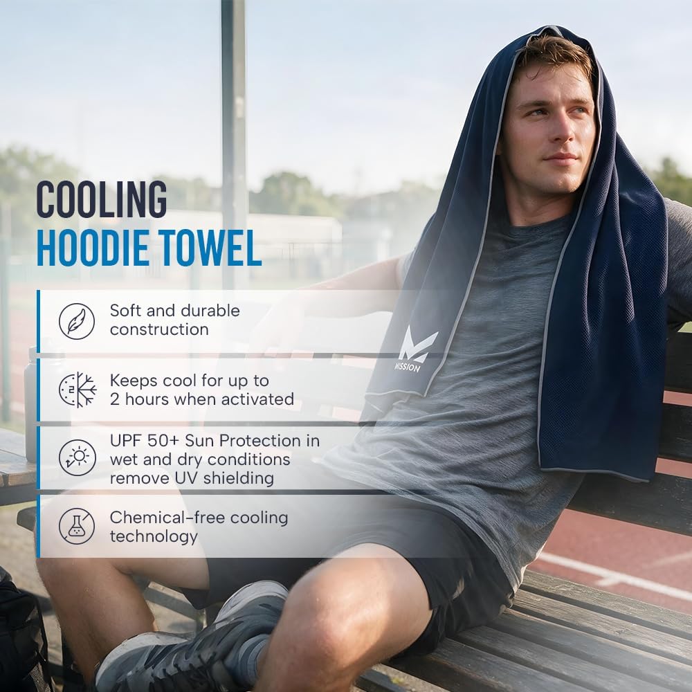 Cooling Hoodie Towel, Evaporative Cool Technology, Cools Instantly When Wet, UPF 50 Sun Protection, Contours Your Head to Stay in Place, Great for Sports, Fitness, Gym