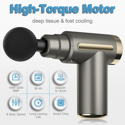 Mini Massage Gun, Deep Tissue Muscle Massager with 6 Speeds & 4 Heads, Super Quiet Handheld Percussion Massager for Pain Relief, Athletes, Office Workers & Parents, Portable Gift
