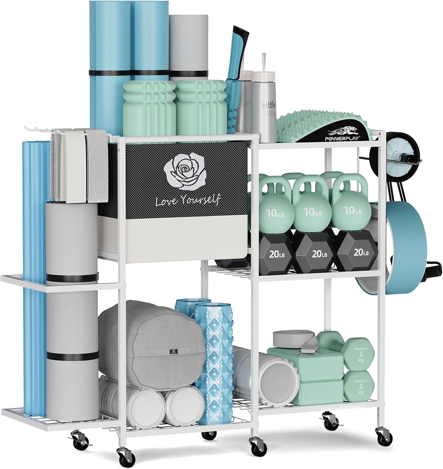 Yoga Mat Storage Rack，Home Gym Storage Rack Gym Workout Equipment Storage Organizer Fitness Weight Rack on Wheels for Yoga Mat,Yoga Block,Foam Roller,Resistance Band,Dumbbell,Kettlebell and Other Workout Accessories