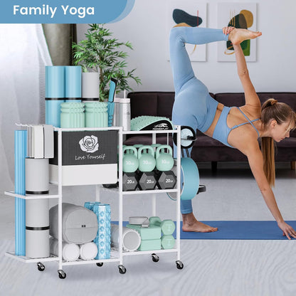 Yoga Mat Storage Rack，Home Gym Storage Rack Gym Workout Equipment Storage Organizer Fitness Weight Rack on Wheels for Yoga Mat,Yoga Block,Foam Roller,Resistance Band,Dumbbell,Kettlebell and Other Workout Accessories