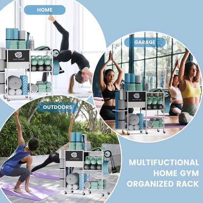 Yoga Mat Storage Rack，Home Gym Storage Rack Gym Workout Equipment Storage Organizer Fitness Weight Rack on Wheels for Yoga Mat,Yoga Block,Foam Roller,Resistance Band,Dumbbell,Kettlebell and Other Workout Accessories