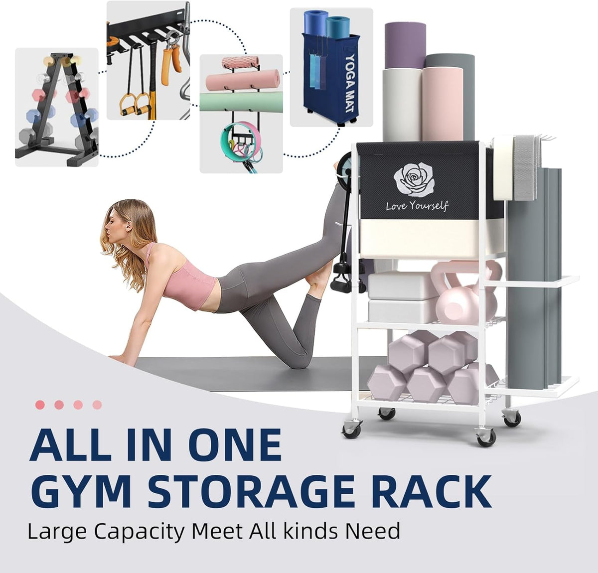 Yoga Mat Storage Rack，Home Gym Storage Rack Gym Workout Equipment Storage Organizer Fitness Weight Rack on Wheels for Yoga Mat,Yoga Block,Foam Roller,Resistance Band,Dumbbell,Kettlebell and Other Workout Accessories