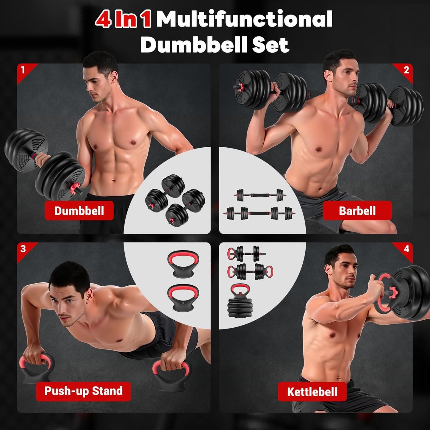 Adjustable Dumbbells, 32/54/76/94LBS Free Weight Set, 4 in 1 Dumbbell Set Used as Barbell, Kettlebell, Push Up Stand, Fitness Exercise for Home Gym Suitable Men/Women