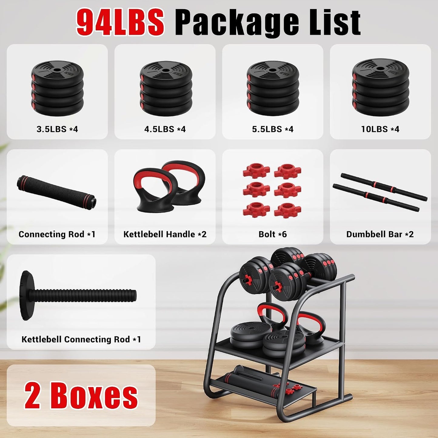 Adjustable Dumbbells, 32/54/76/94LBS Free Weight Set, 4 in 1 Dumbbell Set Used as Barbell, Kettlebell, Push Up Stand, Fitness Exercise for Home Gym Suitable Men/Women