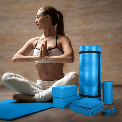 BalanceFrom 7-Piece Yoga Set with 71x24x1 Inches Extra Thick Mat and Carrying Sling – Includes 2 Blocks, Stretch Strap, 2 Towels, and Knee Pad for Home, Studio, and Gym Workouts