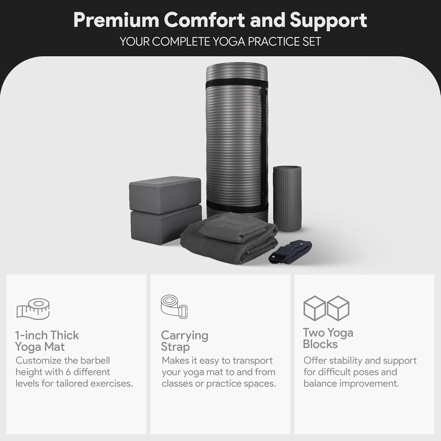 BalanceFrom 7-Piece Yoga Set with 71x24x1 Inches Extra Thick Mat and Carrying Sling – Includes 2 Blocks, Stretch Strap, 2 Towels, and Knee Pad for Home, Studio, and Gym Workouts