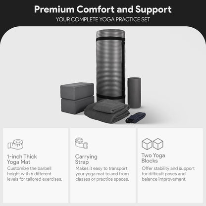 BalanceFrom 7-Piece Yoga Set with 71x24x1 Inches Extra Thick Mat and Carrying Sling – Includes 2 Blocks, Stretch Strap, 2 Towels, and Knee Pad for Home, Studio, and Gym Workouts