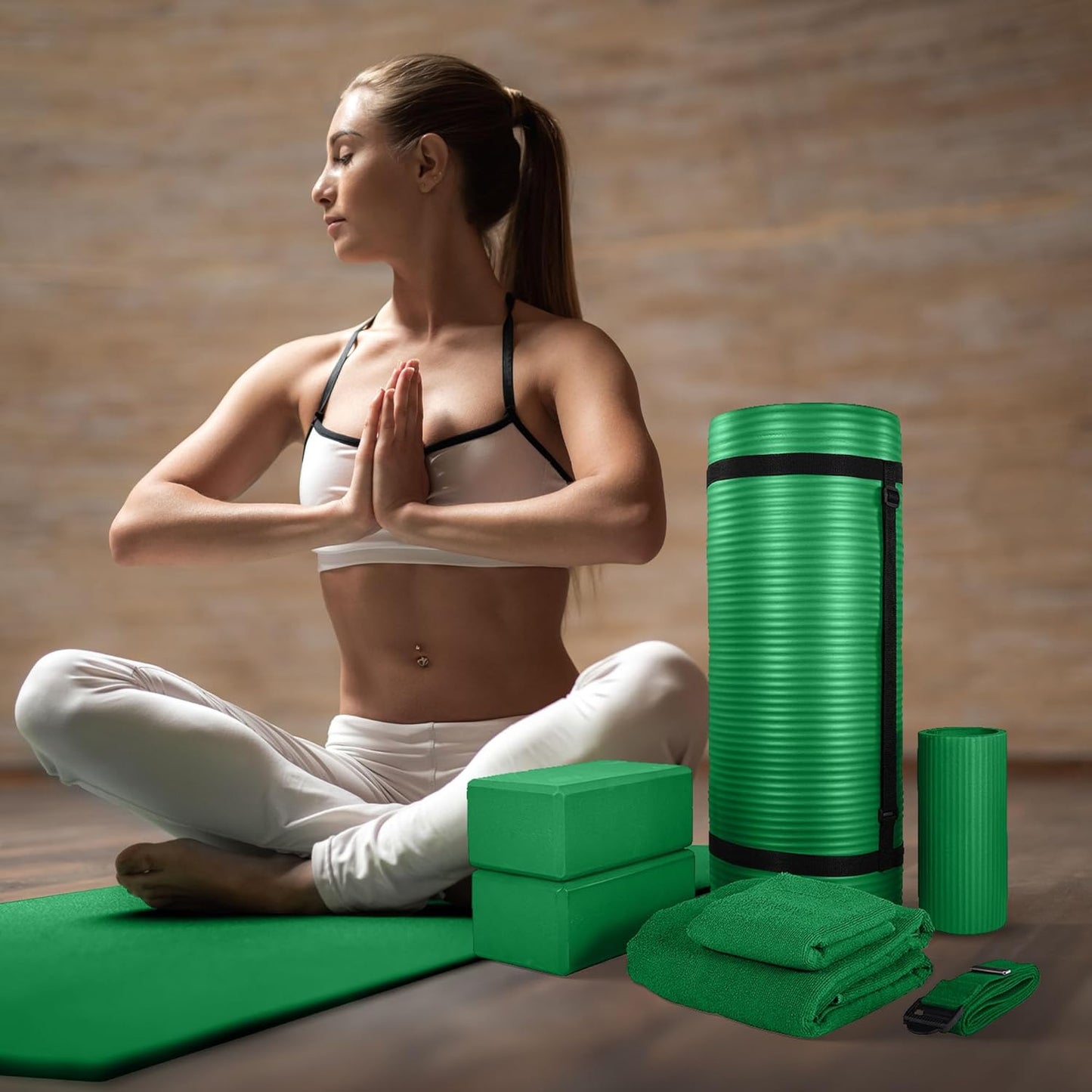 BalanceFrom 7-Piece Yoga Set with 71x24x1 Inches Extra Thick Mat and Carrying Sling – Includes 2 Blocks, Stretch Strap, 2 Towels, and Knee Pad for Home, Studio, and Gym Workouts