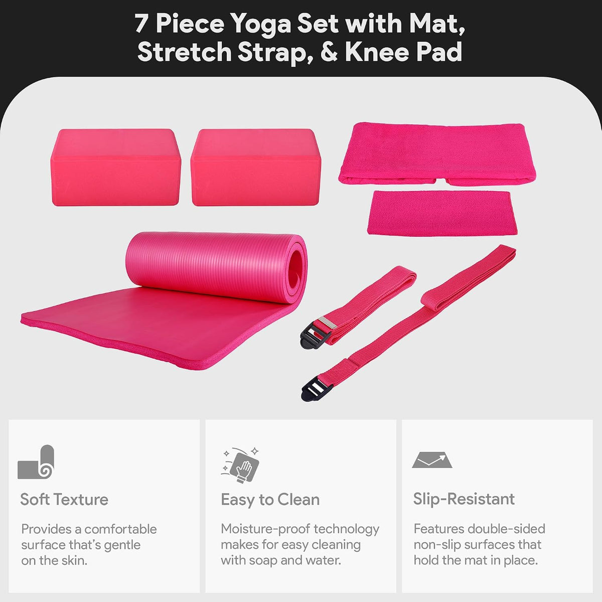 BalanceFrom 7-Piece Yoga Set with 71x24x1 Inches Extra Thick Mat and Carrying Sling – Includes 2 Blocks, Stretch Strap, 2 Towels, and Knee Pad for Home, Studio, and Gym Workouts