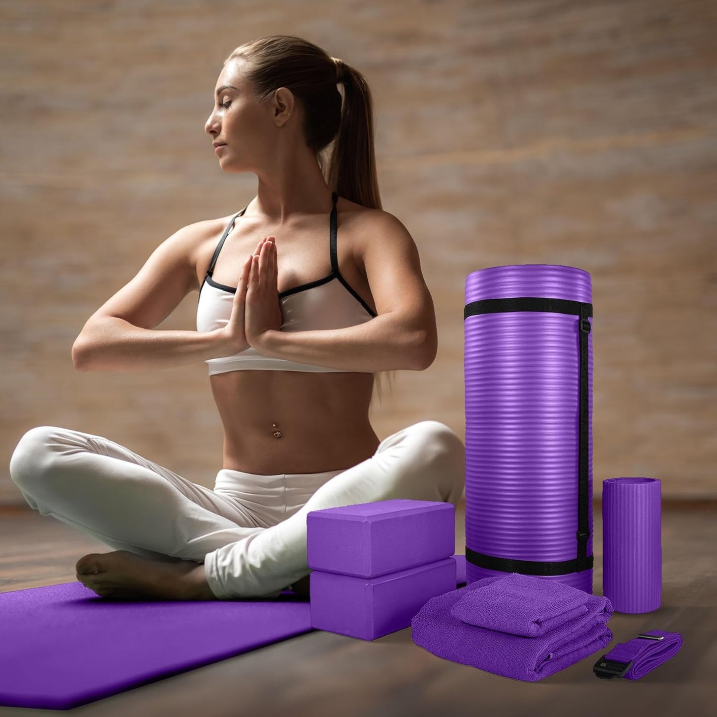 BalanceFrom 7-Piece Yoga Set with 71x24x1 Inches Extra Thick Mat and Carrying Sling – Includes 2 Blocks, Stretch Strap, 2 Towels, and Knee Pad for Home, Studio, and Gym Workouts