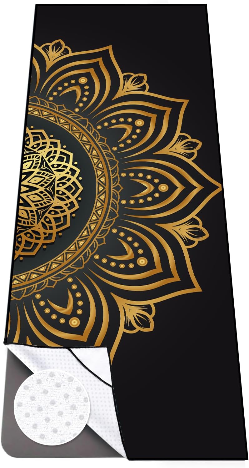 Yoga Towel with Corner Pockets, Non Slip Grip Dots Sweat Absorbent Hot Yoga Mat Towels, Soft Yoga Blankets with Travel Bag, Mat Cover for Workout, Gym, Fitness - 70"x26", Pink Mandala