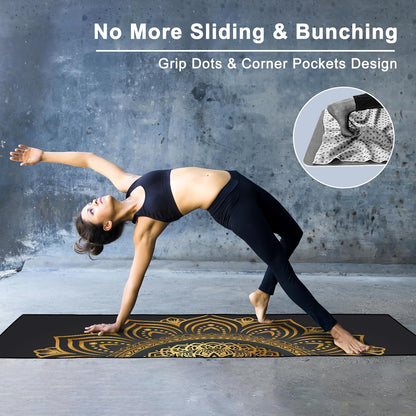 Yoga Towel with Corner Pockets, Non Slip Grip Dots Sweat Absorbent Hot Yoga Mat Towels, Soft Yoga Blankets with Travel Bag, Mat Cover for Workout, Gym, Fitness - 70"x26", Pink Mandala