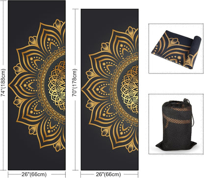 Yoga Towel with Corner Pockets, Non Slip Grip Dots Sweat Absorbent Hot Yoga Mat Towels, Soft Yoga Blankets with Travel Bag, Mat Cover for Workout, Gym, Fitness - 70"x26", Pink Mandala