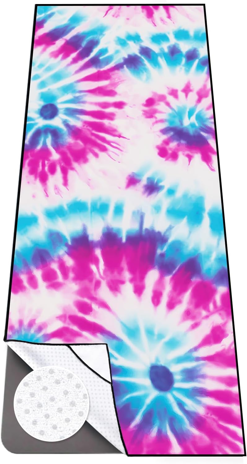 Yoga Towel with Corner Pockets, Non Slip Grip Dots Sweat Absorbent Hot Yoga Mat Towels, Soft Yoga Blankets with Travel Bag, Mat Cover for Workout, Gym, Fitness - 70"x26", Pink Mandala
