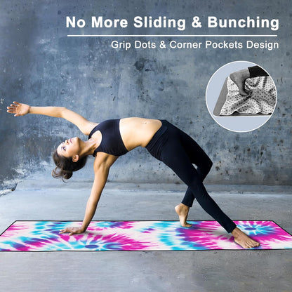 Yoga Towel with Corner Pockets, Non Slip Grip Dots Sweat Absorbent Hot Yoga Mat Towels, Soft Yoga Blankets with Travel Bag, Mat Cover for Workout, Gym, Fitness - 70"x26", Pink Mandala