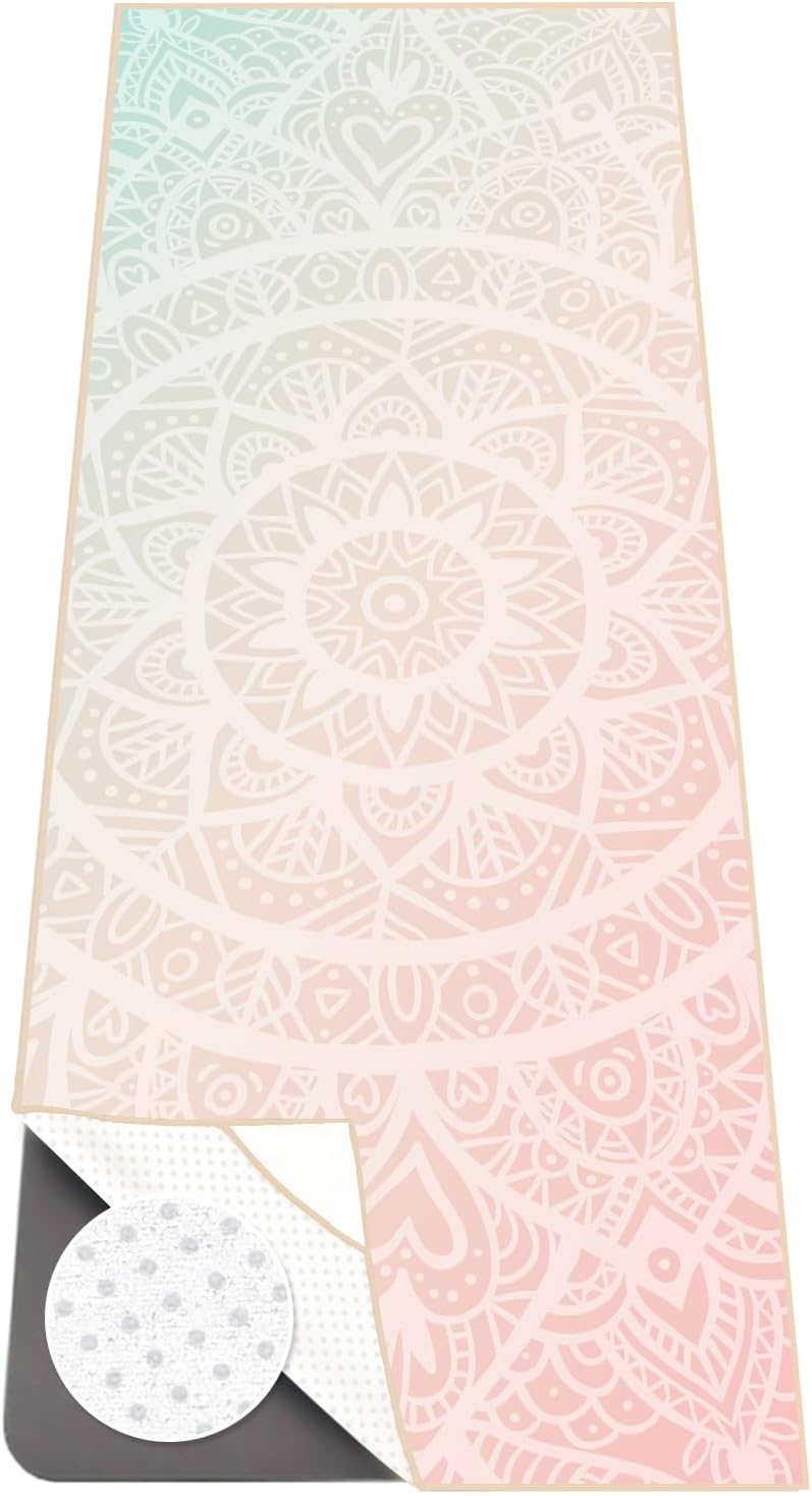 Yoga Towel with Corner Pockets, Non Slip Grip Dots Sweat Absorbent Hot Yoga Mat Towels, Soft Yoga Blankets with Travel Bag, Mat Cover for Workout, Gym, Fitness - 70"x26", Pink Mandala