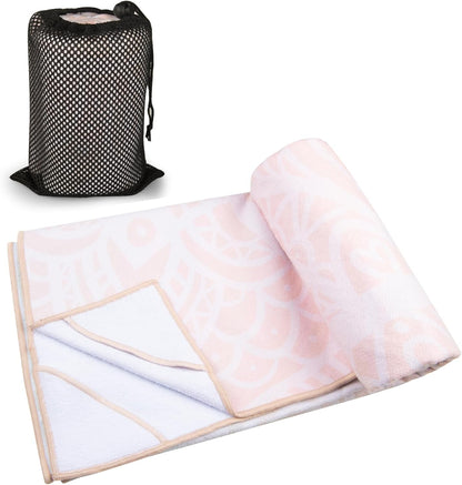 Yoga Towel with Corner Pockets, Non Slip Grip Dots Sweat Absorbent Hot Yoga Mat Towels, Soft Yoga Blankets with Travel Bag, Mat Cover for Workout, Gym, Fitness - 70"x26", Pink Mandala