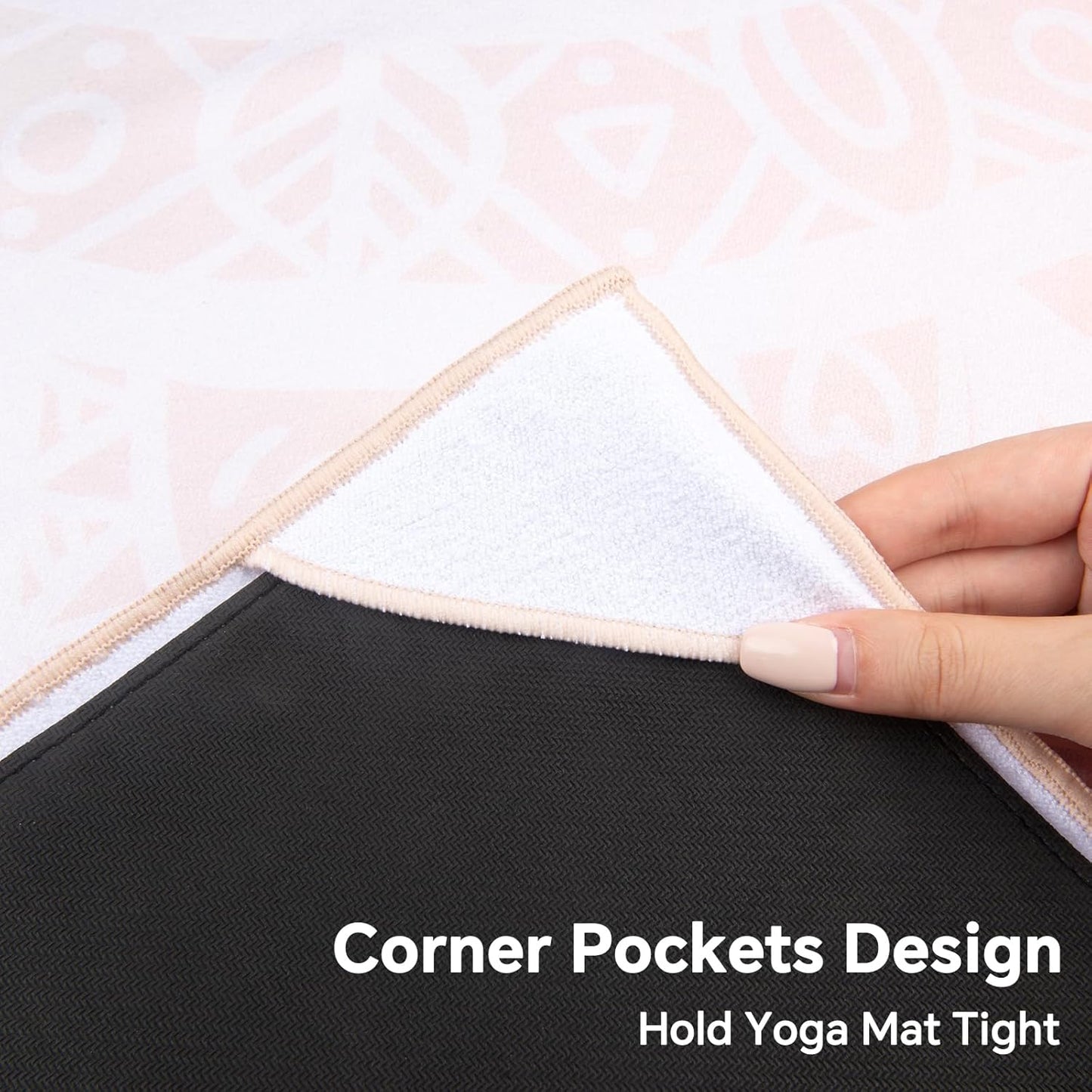 Yoga Towel with Corner Pockets, Non Slip Grip Dots Sweat Absorbent Hot Yoga Mat Towels, Soft Yoga Blankets with Travel Bag, Mat Cover for Workout, Gym, Fitness - 70"x26", Pink Mandala