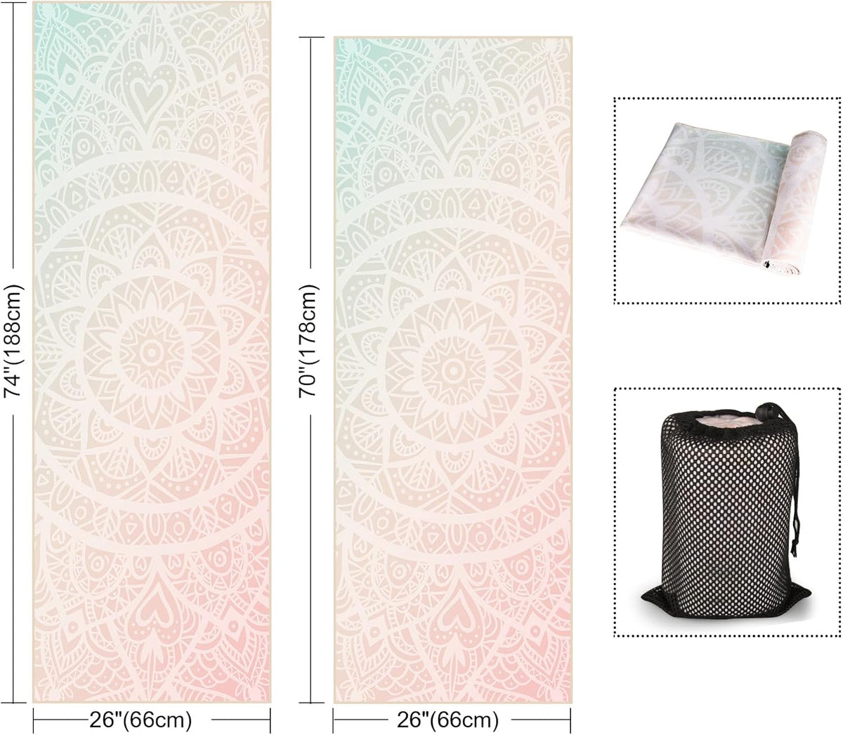 Yoga Towel with Corner Pockets, Non Slip Grip Dots Sweat Absorbent Hot Yoga Mat Towels, Soft Yoga Blankets with Travel Bag, Mat Cover for Workout, Gym, Fitness - 70"x26", Pink Mandala