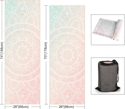 Yoga Towel with Corner Pockets, Non Slip Grip Dots Sweat Absorbent Hot Yoga Mat Towels, Soft Yoga Blankets with Travel Bag, Mat Cover for Workout, Gym, Fitness - 70"x26", Pink Mandala