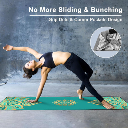 Yoga Towel with Corner Pockets, Non Slip Grip Dots Sweat Absorbent Hot Yoga Mat Towels, Soft Yoga Blankets with Travel Bag, Mat Cover for Workout, Gym, Fitness - 70"x26", Pink Mandala