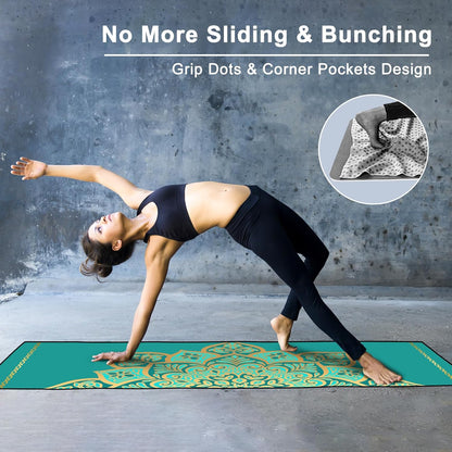 Yoga Towel with Corner Pockets, Non Slip Grip Dots Sweat Absorbent Hot Yoga Mat Towels, Soft Yoga Blankets with Travel Bag, Mat Cover for Workout, Gym, Fitness - 70"x26", Pink Mandala